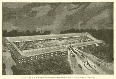 Ideaal nachtzicht van het Paleis van de Elektriciteitstentoonstelling van Parijs, met het centrale dak verwijderd door French School